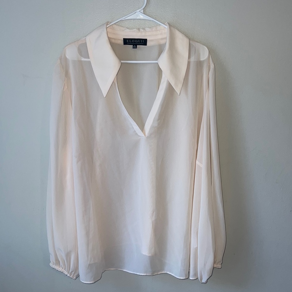 Eloquii Womens Sheer V Neck Long Sleeve Tunic/Blouse Lt Peach Color